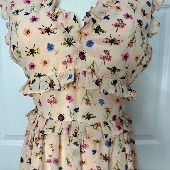 Betsey Johnson Peach Bug Floral Ruffle Tiered V-Neck Whimsical Midi Dress Size 8 - Picture 7 of 16